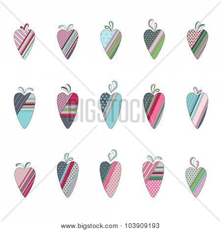 Set of different vintage tilda hearts isolated on white. Pastel colors. For festive design, announcements, postcards, posters.