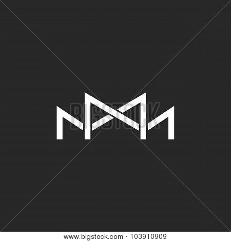 M Logo Monogram, Two Or Three Overlapping Thin Line Letters, Black And White Mockup Wedding Invitati