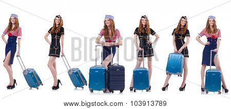 Set of photos with travelling airhostess