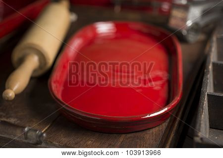 Rounded Rectangular Shallow Dish And Rolling Pin In Wooden Tray