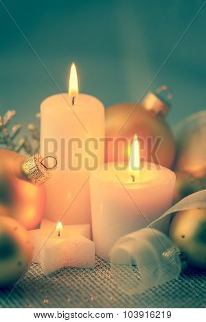 Vintage color Christmas Decorations with Candles and Baubles