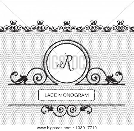 Letter R black lace monogram, stitched on seamless tulle background with antique style floral border. EPS10 vector format.