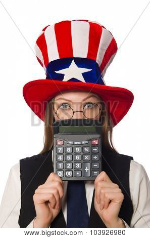 Woman with calculator isolated on white