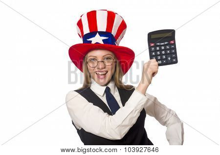 Woman with calculator isolated on white
