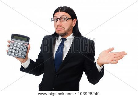 Man with calculator isolated on white