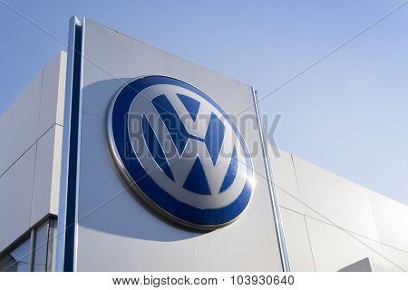 Volkswagen Car Maker Logo On A Building Of Czech Dealership