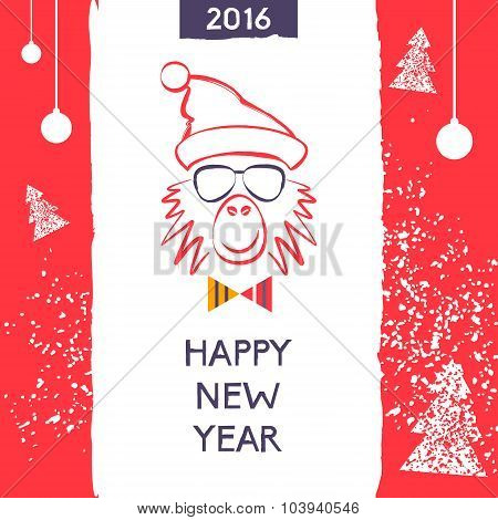 Hipster christmas red fire monkey. Hand drawn happy new year ill