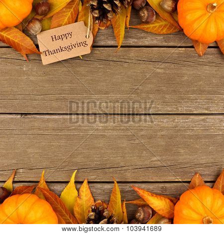Happy Thanksgiving gift tag with autumn double border over wood
