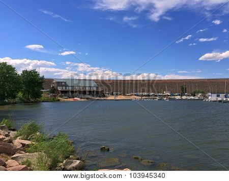 Lake Marina with Boats and Levee