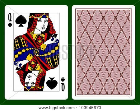 Queen of Spades playing card and the backside background. Vector illustration