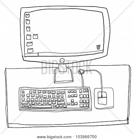 Desktop Computer Cute Line Art Illustatoin