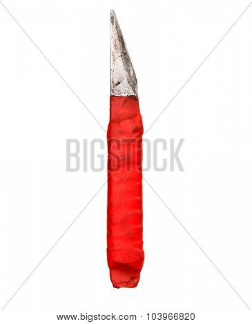Rusty old knife with red handle on white background