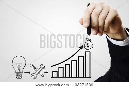 Close up of businessman drawing money making formula