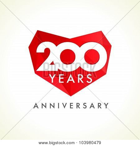 Anniversary 200 years old hearts celebrating vector logo. Birthday greetings, stained-glass frame, heart shape. Lovely stained two hundred fifty celebrating, 200 th. Luxury 20th, 2nd facet idea.