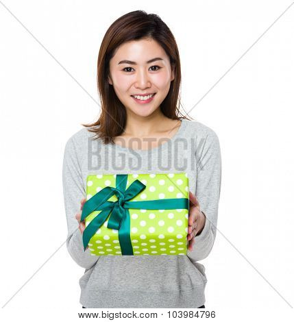 Asian Young woman hold with prsent box