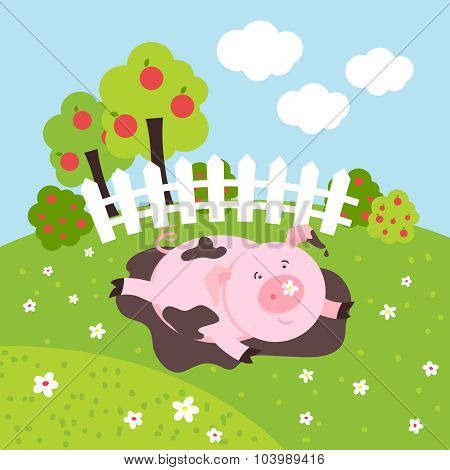 Cute smilling vector pig on a farm field