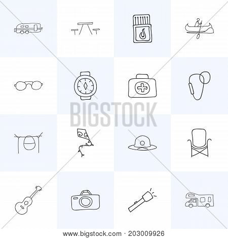 Set Of 16 Editable Camping Doodles. Includes Symbols Such As Eyeglasses, Flying Toy, Wrist Clock And More