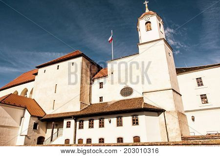 Spilberk castle is a castle on the hilltop in Brno southern Moravia Czech republic. Architectural scene. Travel destination. Yellow photo filter.