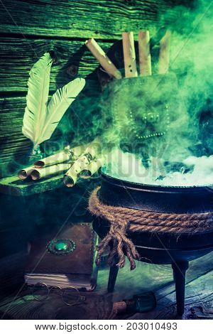 Old Witcher Cauldron With Green Mixture For Halloween