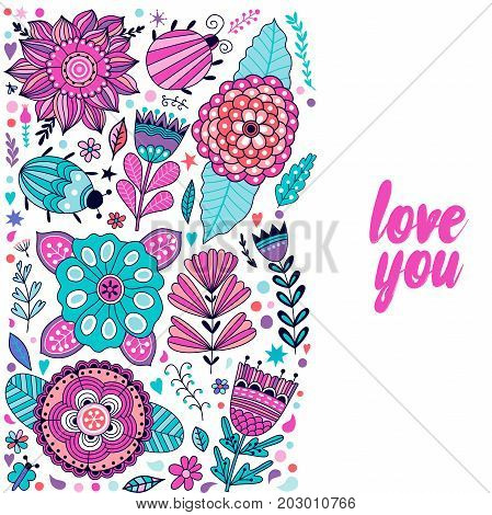 Floral card design, flowers and leaf doodle elements. Illustration made of flowers and herbs. Vector decorative invitation. Spring elements. Floral doodles