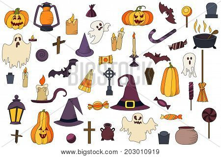 Vector goast, pumpkin, hat icons. Set of hallowen elements. Spooky illustration