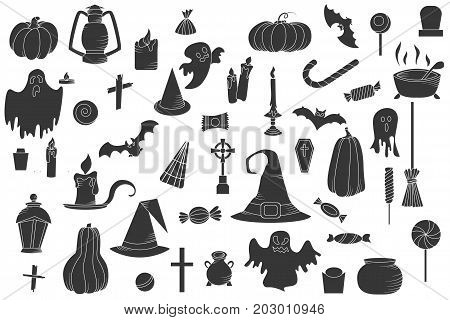 Set of hallowen elements. Vector goast, pumpkin, hat icons. Spooky illustration