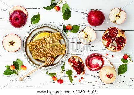 Apple pomegranate and honey traditional food of jewish New Year - Rosh Hashana.