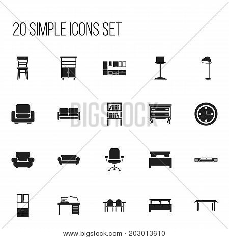 Set Of 20 Editable Furniture Icons. Includes Symbols Such As Trestle, Restaurant Table, Illuminant And More