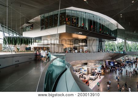 Munich, Germany - August 3, 2017: Interior shot of BMW Welt in Munich. It is a multi-use exhibition center used for meetings and promotional events. Designed by archtectural firm Coop Himmelblau