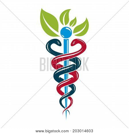 Aesculapius vector abstract illustration created using snakes and green leaves Caduceus symbol. Healthy lifestyle is strong heart.