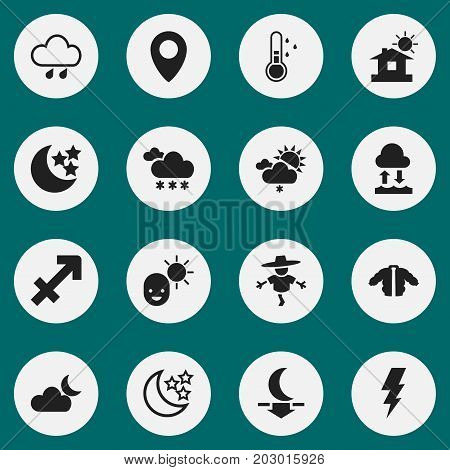 Set Of 16 Editable Climate Icons. Includes Symbols Such As Bugbear, Moonlight, Warm And More
