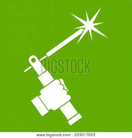 Mig welding torch in hand icon white isolated on green background. Vector illustration