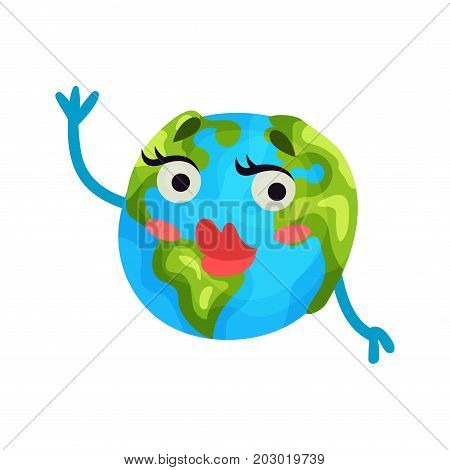 Cute cartoon flirty Earth planet emoji with red lips, humanized globe character with emotions colorful vector Illustration on a white background