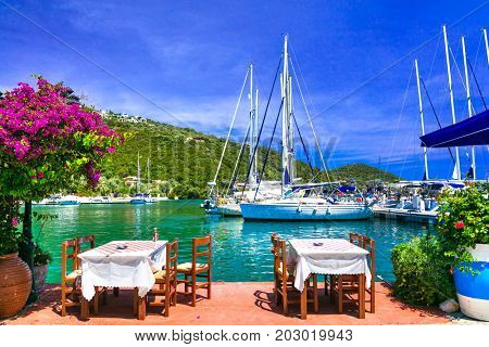 Traditional Greek restaurants near the sea. Sivota fishing village in Lefkada island