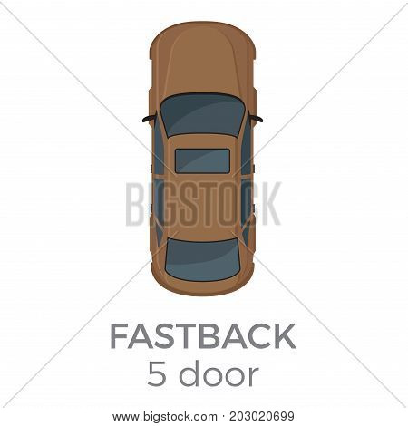 Five doors fastback top view icon. Modern passenger car roof view with text flat vector isolated on white. Personal passenger vehicle illustration for urban transport concepts and infographics