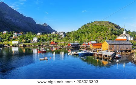 Moskenes Fishing Village In Lofoten Islands And Moskenes Church