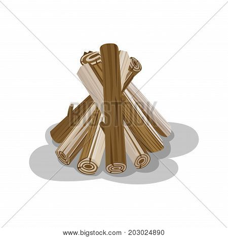 Bunch of logs with shadow isolated on white. Neatly stacked firewood elements to make fire. Wooden brickets placed together to start fire. Isolated vector of round billets in cartoon style