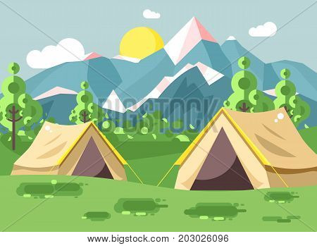 Stock vector illustration cartoon nature national park landscape with two tents camping hiking rules of survival bushes, lawn, trees, daytime sunny day, outdoor background of mountains in flat style