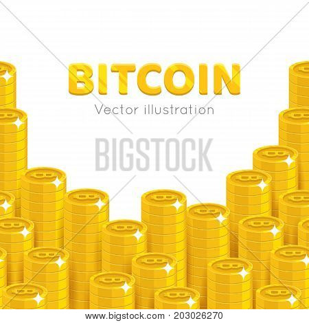 Bitcoin rising stacks. Crypto currency market and digital payment system, increasing money amount. Cartoon vector illustration on white background