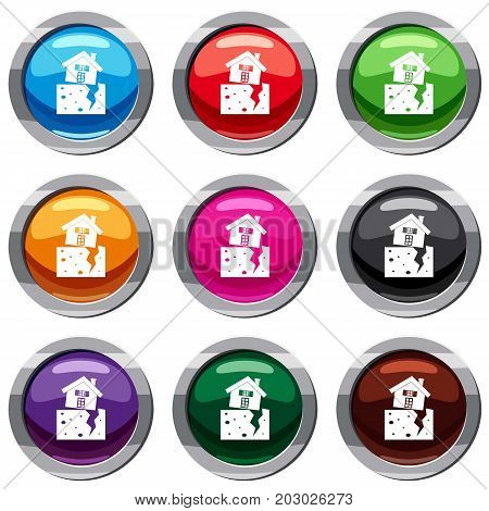 House after an earthquake set icon isolated on white. 9 icon collection vector illustration