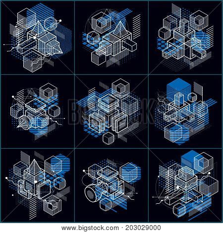 Isometric abstract backgrounds with linear dimensional shapes vector 3d mesh elements. Compositions of cubes hexagons squares rectangles and different abstract elements. Vector collection.