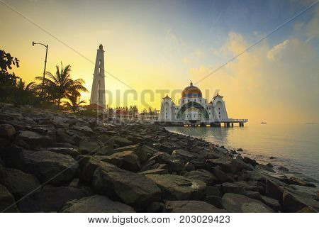 Majestic View Of Malacca Straits Mosque During Sunset
