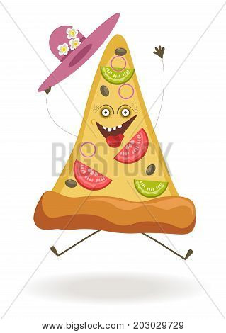 Triangular pizza slice with ridiculous face, open mouth with pulled out tongue and hat decorated with flowers isolated cartoon vector illustration on white background. Tasty bakery product character.