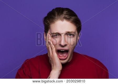 Young man got slap in face. Awkward seduction. Bad break up, male embarrassing flirt, insult concept