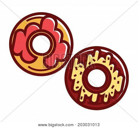 Sweet soft vanilla and chocolate donuts with colorful glaze on top isolated cartoon flat vector illustration on white background. Delicious fresh bakery product treat with tasty cream inside.