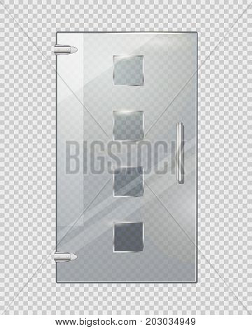 Clear glass door isolated with four glassy squares, handle and two door hinges on transparent checkered background. Vector illustration of entrance element with decor for commercial buildings