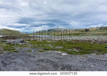 Mountain landscape along the National tourist route Aurlandstjellet. Flotane. Western Norway