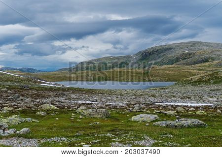 Mountain landscape along the National tourist route Aurlandstjellet. Flotane. Western Norway