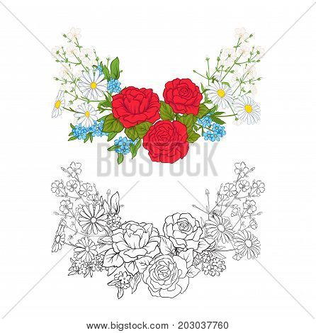 Bouquet with roses and daisies. Traditional European pattern. Stock line vector illustration. Outline hand drawing coloring page for adult coloring book with colored sample