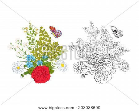 Bouquet with roses and daisies. Traditional European pattern. Stock line vector illustration. Outline hand drawing coloring page for adult coloring book with colored sample
